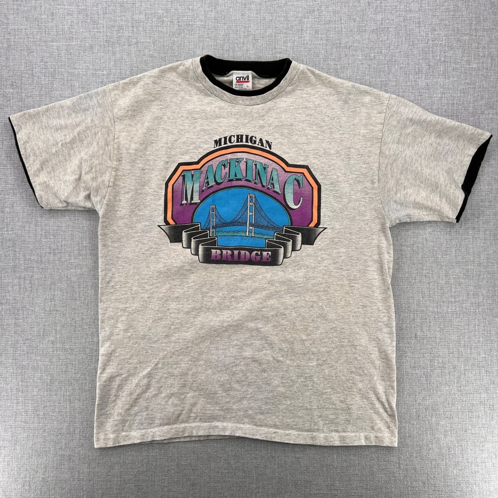 VTG 90s Mackinac Bridge Michigan T Shirt Men L Anvil USA Made Gray Retro